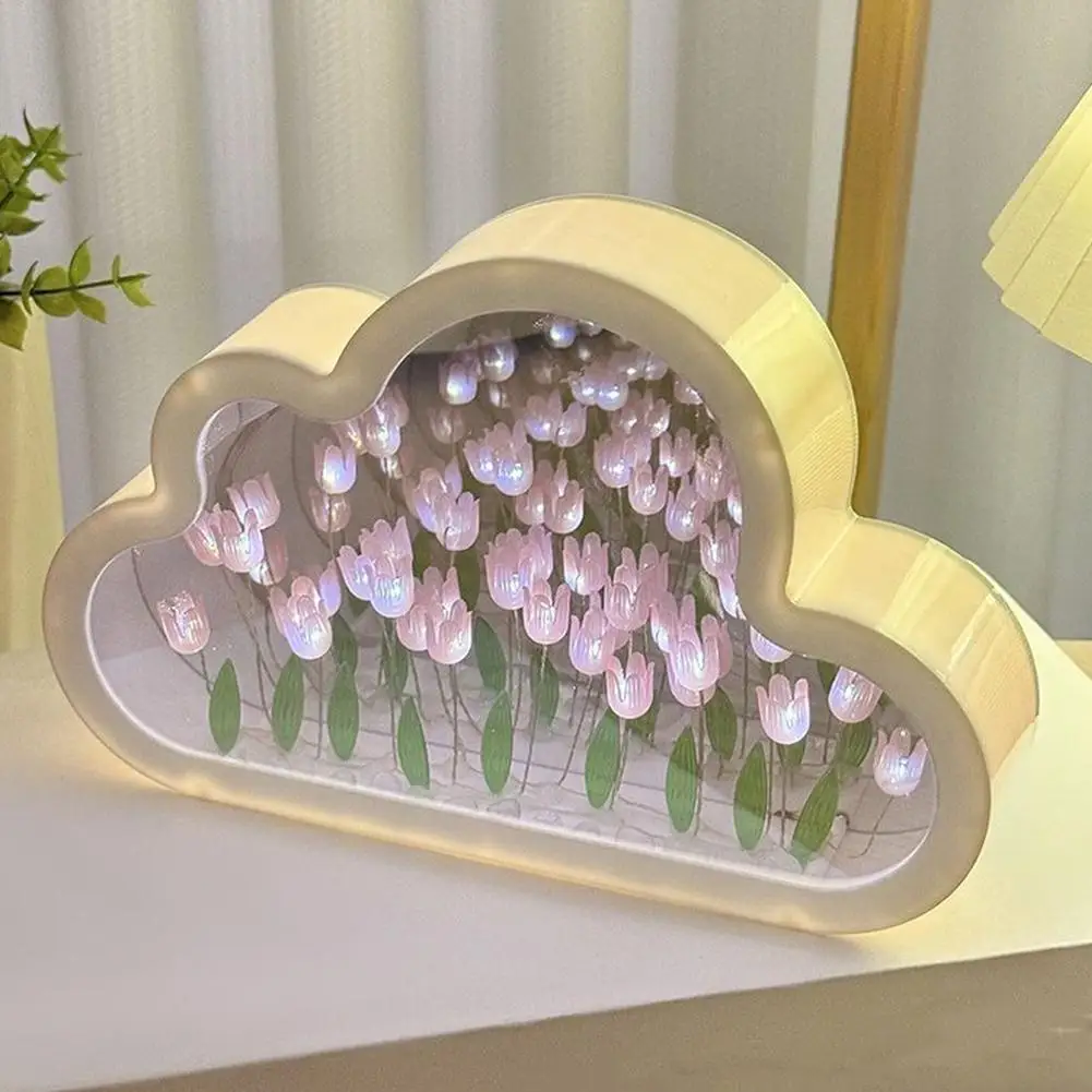 DIY Cloud Mirror Tulip Lamp Night Light Girl Bedroom Ornaments Photo Frame Handmade Glass Bedside Sleep Light Christmas Gifts