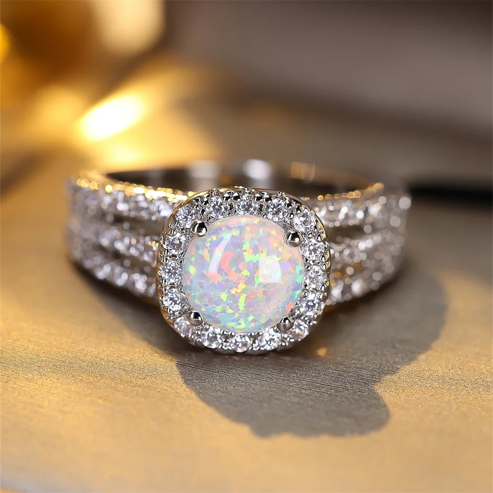 White Fire Opal Round Stone Engagement Rings For Women Vintage Silver Color Luxury Crystal Wedding Bands Birthstone Jewelry Gift