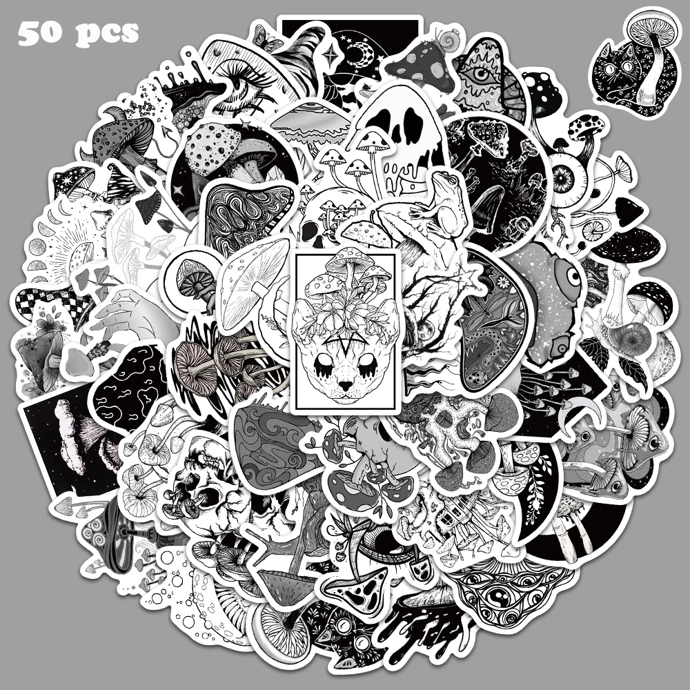 50pcs Gothic Style Black and White Mushroom Sticker Retro Creative Decal For Laptop Skateboard Magazine Phone Decoration Sticker