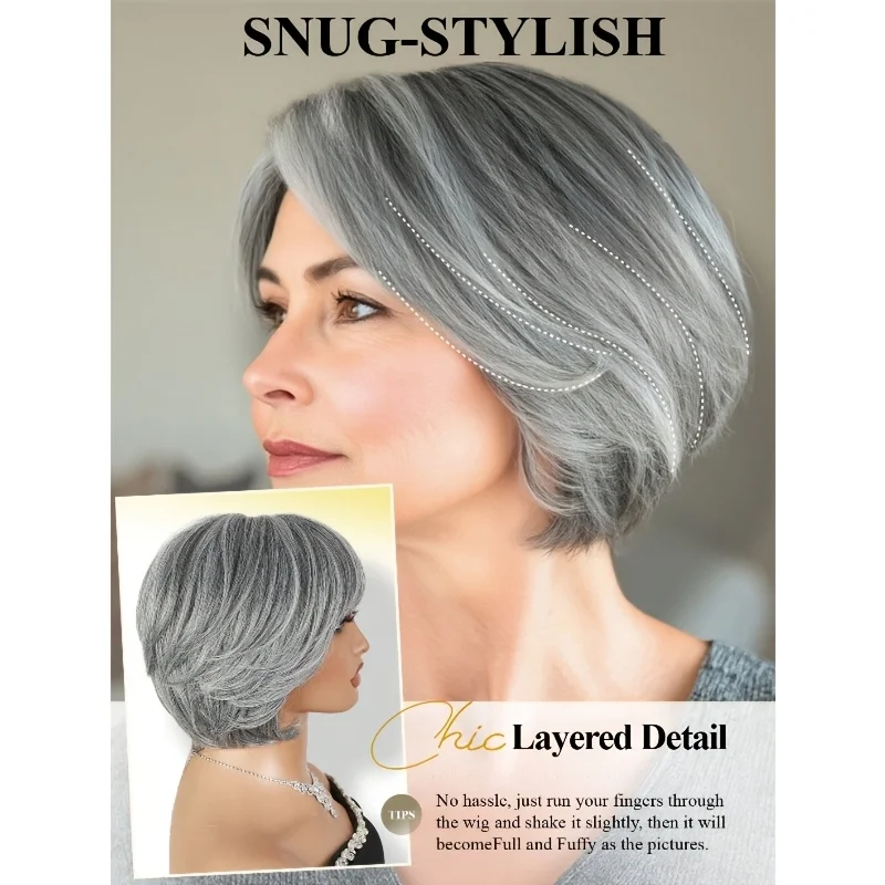 Lady's Fashion Layered Gray Bob Wig, Straight Gray-White Pepper Color Bob Wig with Bangs, Natural and Realistic Synthetic Hair