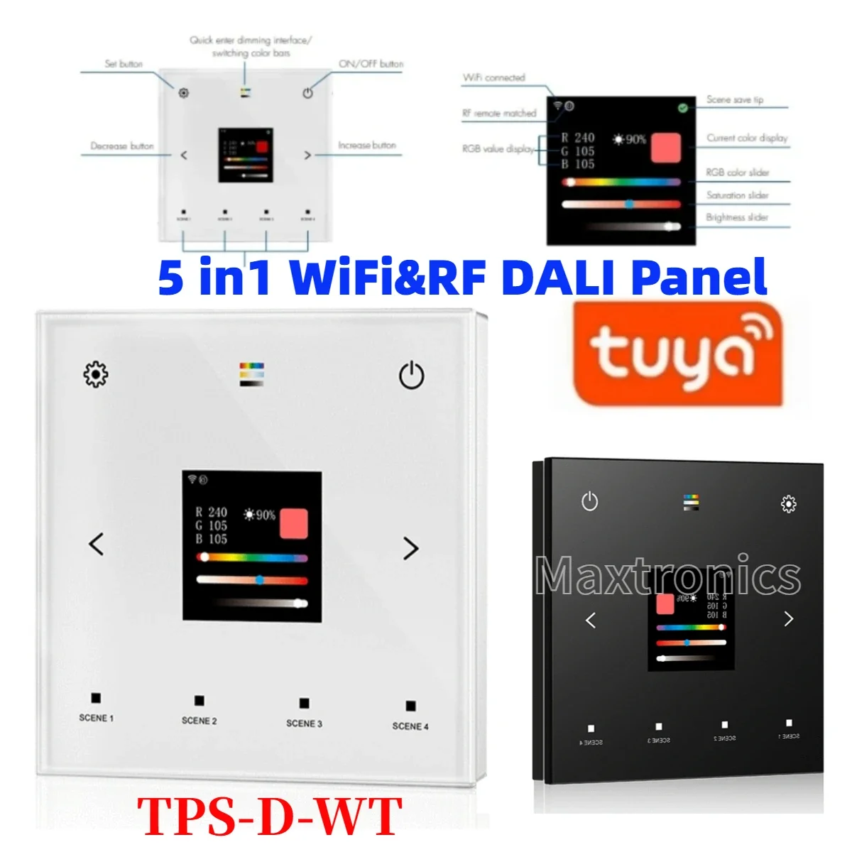 5 w 1 DALI WiFi i RF do montażu na ścianie Panel dotykowy Tuya App Control AC100-240V TPS-D-WT dla jednokolorowego światła LED RGB + CCT CCT RGB RGBW