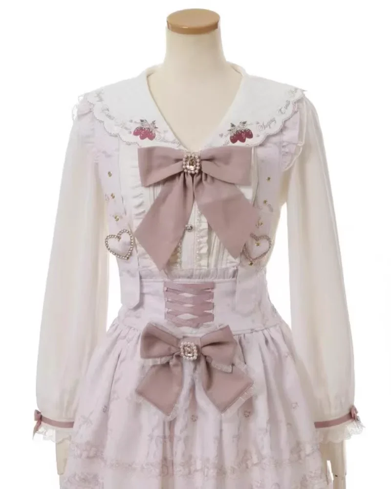 Sweet Girl Pink Short Skirt Japanese Mine Mass-Produced Ribbon Bow Diamond Heart Buckle Removable Printed Suspender Skirt