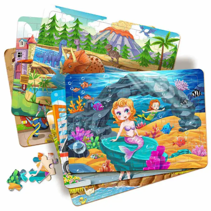 60 Stukjes Houten Puzzel Montessori 3d Puzzel Cartoon Dier Kinderen Vroege Educatie Verlichting Puzzel Speelgoed