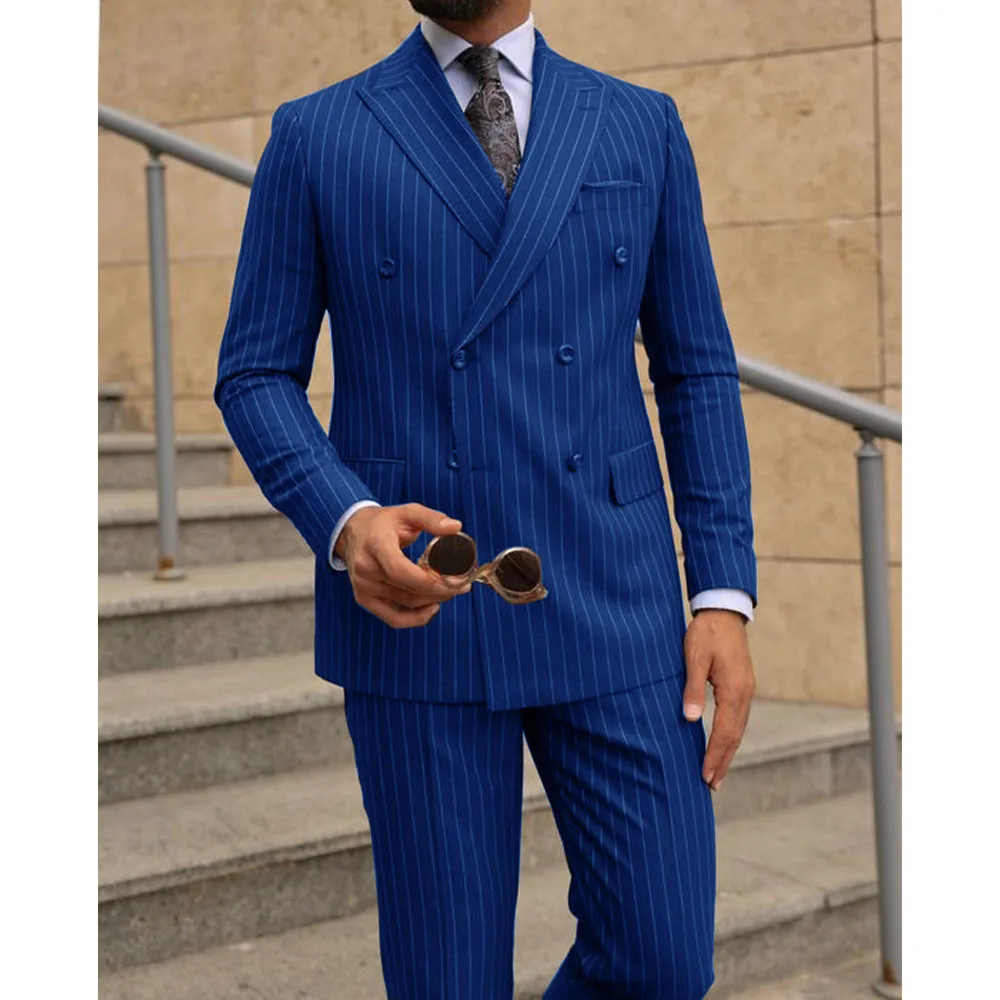 Conjunto de duas peças de terno listrado masculino, vestido trespassado duplo, roupa de cavalheiro, roupa de casamento formal, trajes masculinos