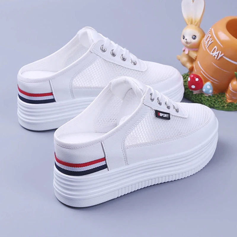 Women Half Slippers Mesh Surface Hollowed Summer Versatile Student Bones Outdoor Breathable Closed Toe Mesh Casual Shoes White