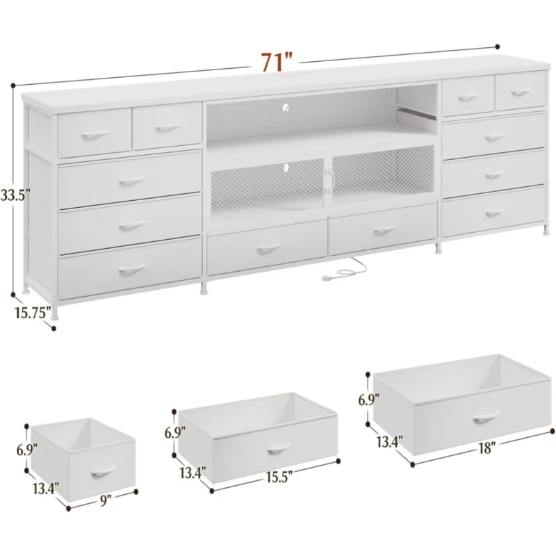 Soporte para TV de 71 pulgadas de ancho para dormitorio para TV de 85/80/75 pulgadas con LED y estación de carga, cómoda larga y resistente con 12 cajones de tela y