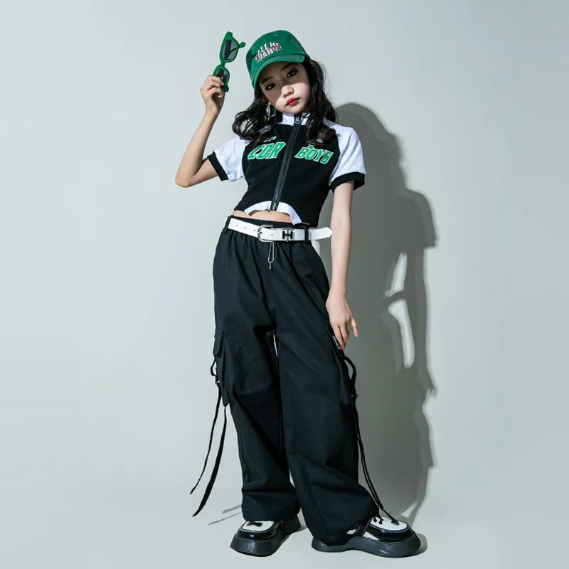 Kid Cool Hip Hop Clothing Mock Neck Zip up T Shirt Crop Top Black Strap Street Cargo Pants for Girl Jazz Dance Costume Clothes