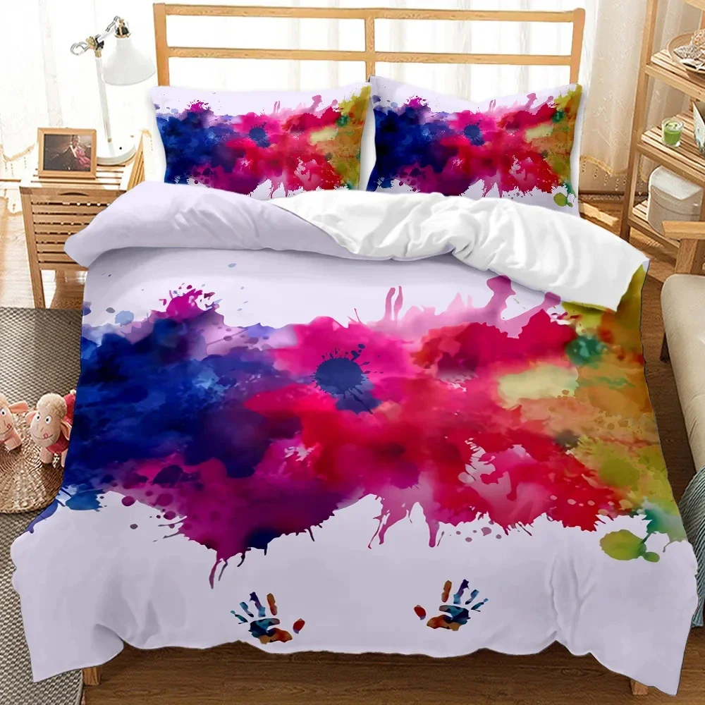 Abstract duvet cover set, grunge style, dirty look with colorful watercolor stains, liquid splashes, polyester bedding set, quee