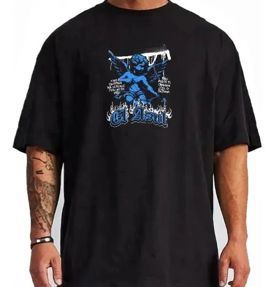 Men's Sad Boy Blue Cherub Angel Vintage Washed T-Shirt, Latin Urban Streetwear Graphic Tee