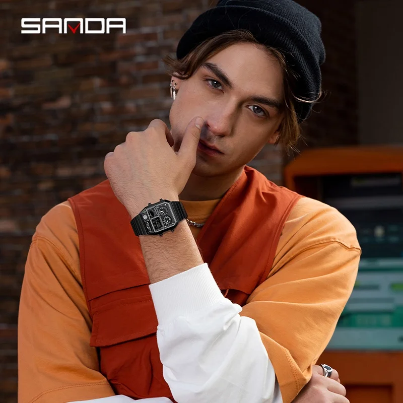 Sanda-Reloj de pulsera cuadrado electrónico Led para hombre, cronógrafo con termómetro multifunción, informal, para jóvenes, a la moda, superventas