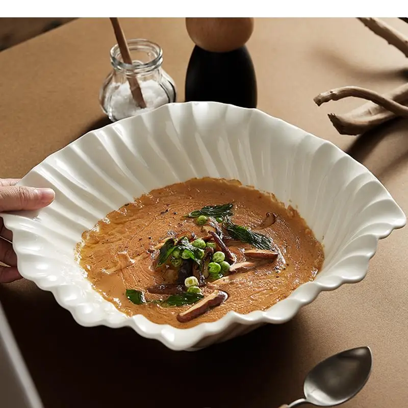 Irregular Shape Feature Noodle Ramen Bowl Ceramic Fruit Salad Plate Simple Home Kitchen Solid Color Cutlery Soup Basin