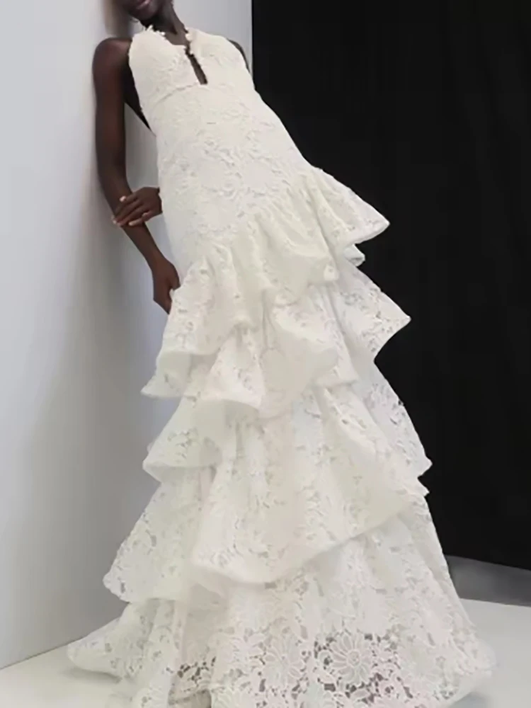 

Sexy Luxury Spliced Ruffle Hem Long Dresses for Women Halter Deep V-Neck Sleeveless High Waist Cocktail Formal Evening Dress