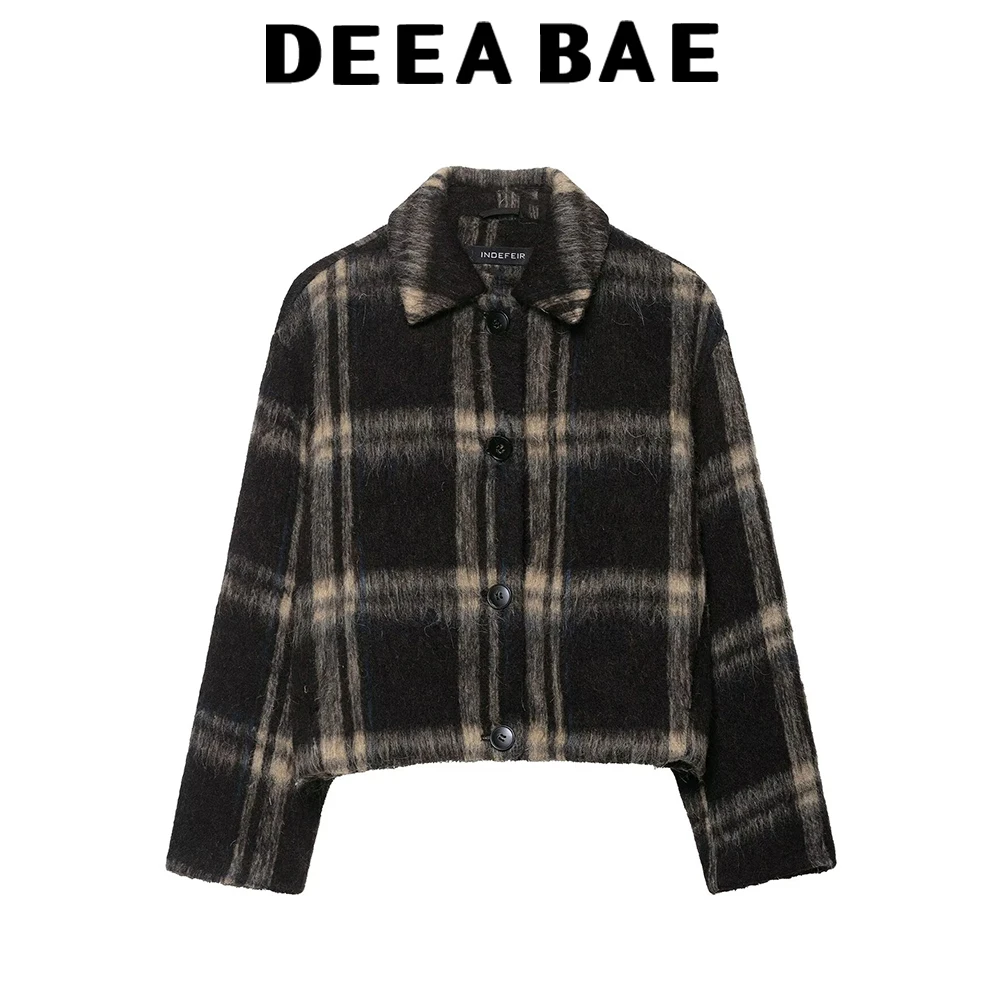 

DEEABAE 2025 осенний новый продукт, женская одежда, элитная куртка в клетку в стиле ретро с карманами в ленивом стиле, куртка в волосатую клетку