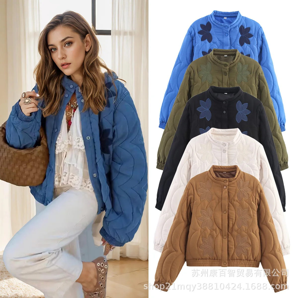 

Blue Casual Loose Quilted Coats for Women Elegant Long Sleeve Warm Coat Autumn Winter Fashion Button Short Jackets 2025 Outwear