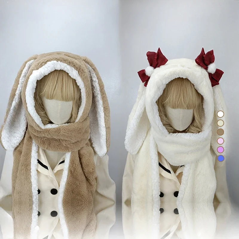 Harajuku Lolita Orecchie da coniglio Kawaii Carino Peluche Cappello Sciarpa Guanti Berretto da ciclismo Inverno Caldo Morbido Ispessimento Tasca Cappelli Gorros Con Cappuccio