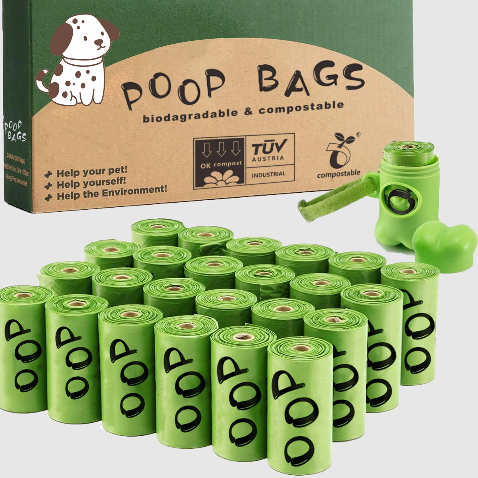 Compostable Fully Biodegradable Dog Poop Bags Plant Based Extra Thick Leakproof Pet Waste Bags Eco-Friendly Poop Bags Dispenser