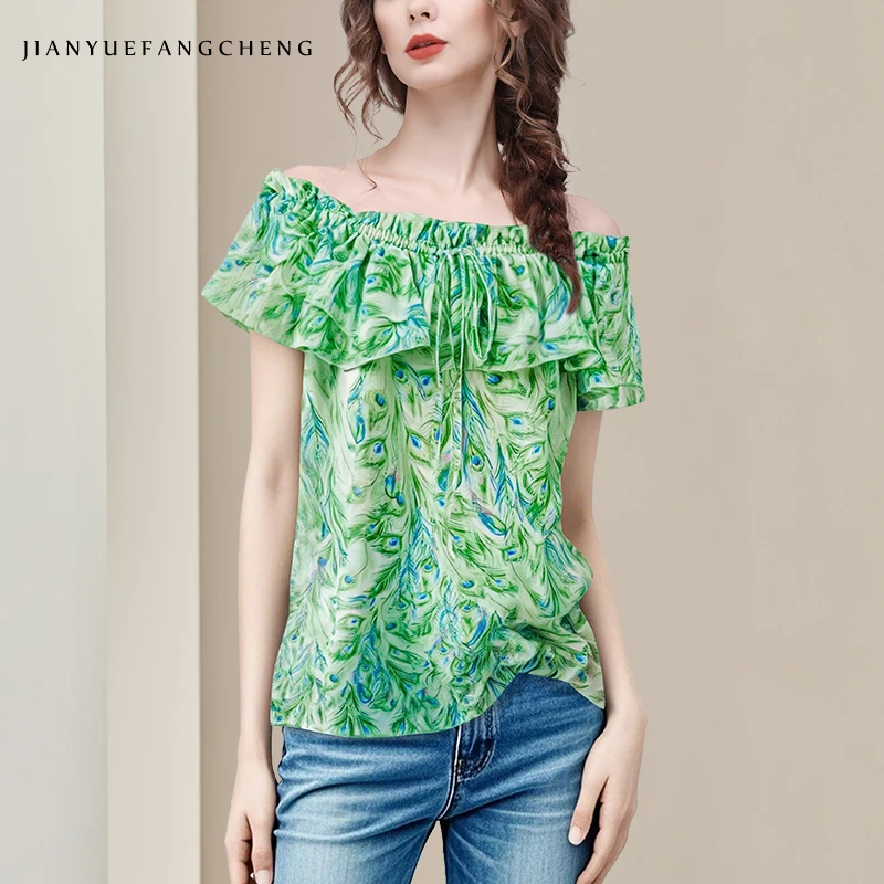 

Лето 2025 г., зеленая блузка с открытыми плечами и разрезом на шее, женская повседневная рубашка с короткими рукавами и оборками