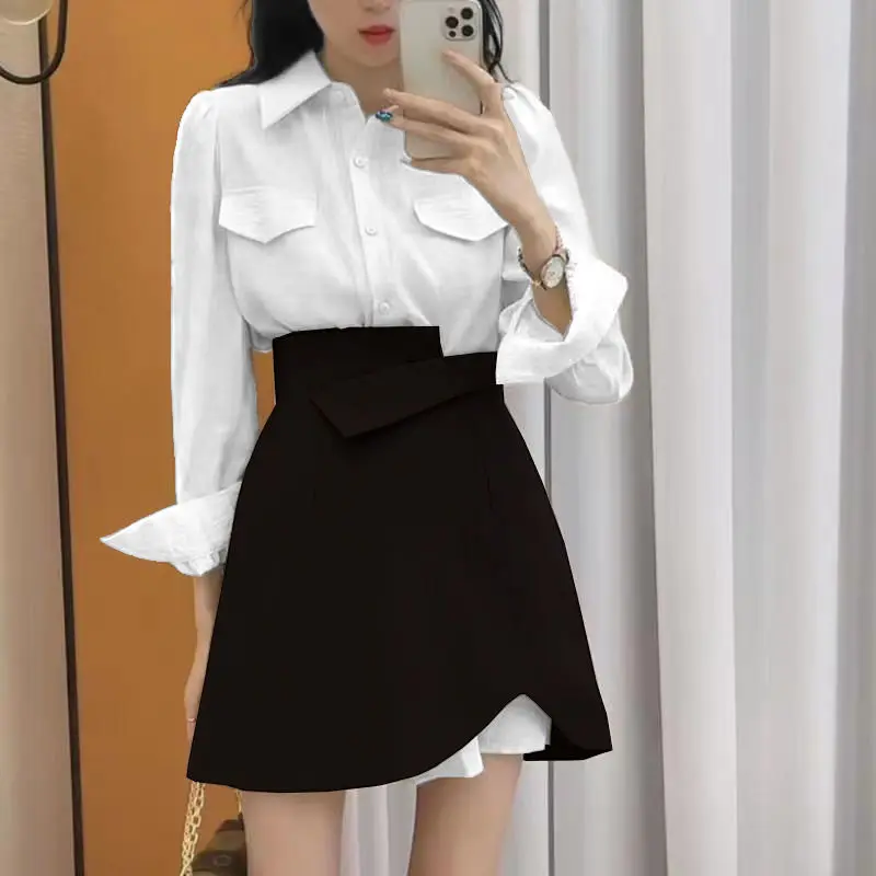 Sets Women Design Asymmetrical Mini Skirts Elegant Retro High Street Harajuku Long Single Breasted Turn-down Collar Shirts Mujer