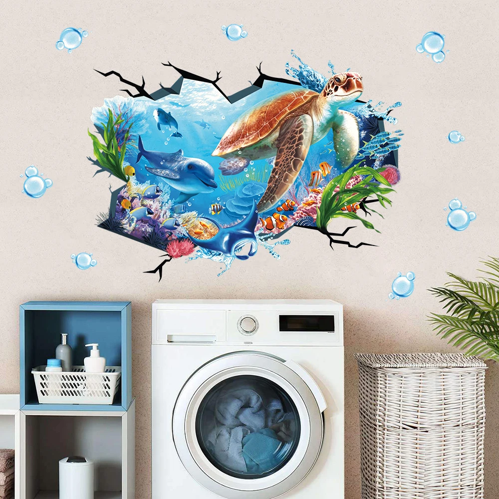 Large Sea Turtle Under The Sea Wall Stickers 3D Underwater Dolphin Tropical Fish Ocean Wall Decals for Bedroom Bathroom