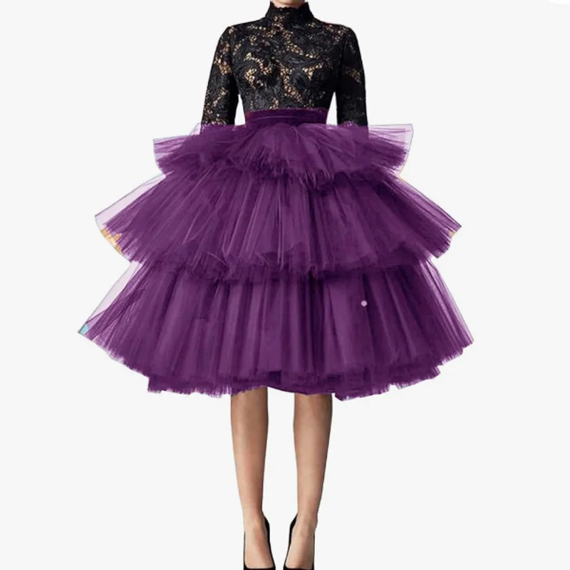 

Фиолетовые юбки, многослойные шикарные тюлевые юбки, пышные пышные трапециевидные женские юбки-пачки с рюшами и эластичным поясом