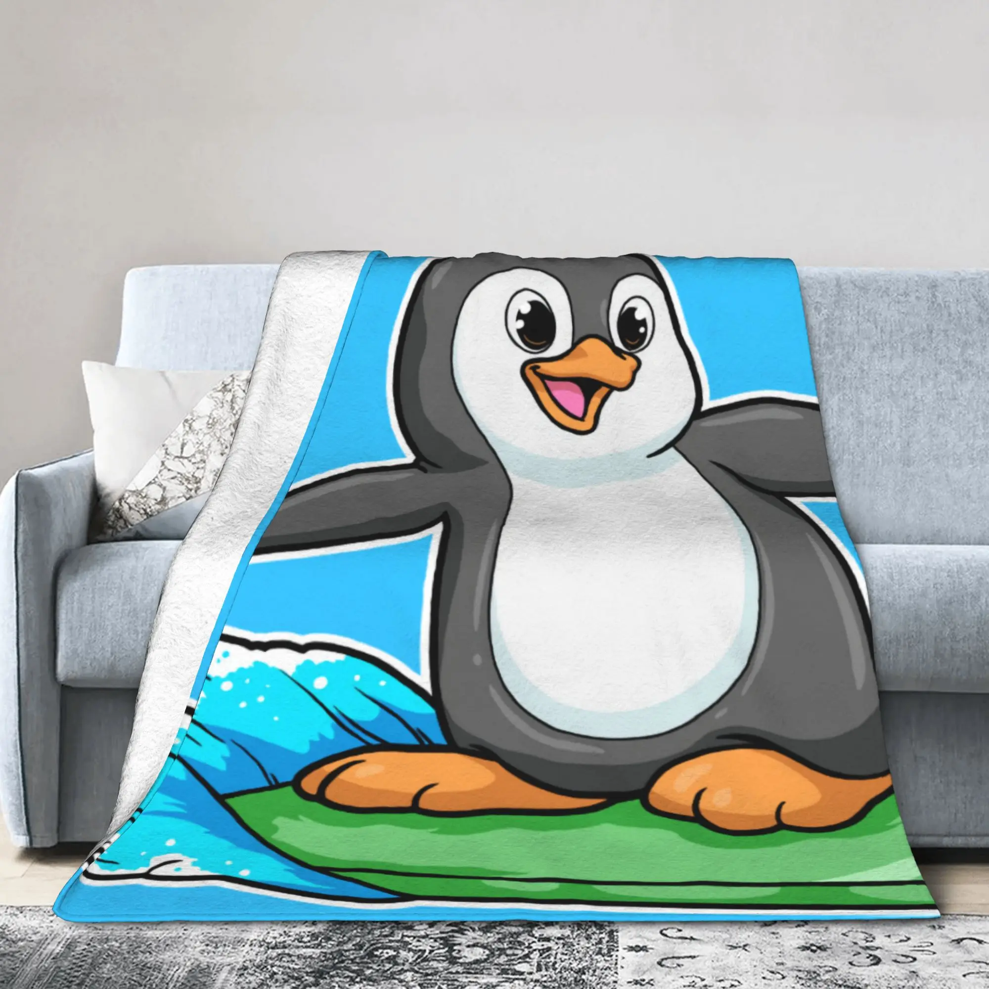 Custom Sofa Fleece Penguin As Surfer With Surfboard Throw Blanket Warm Flannel Animal Blankets for Bed Travel Couch Quilt