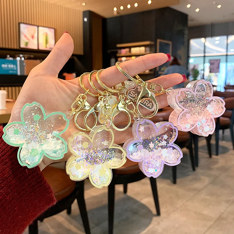 Sequins Flower Keychain For Women Pendant Transparent Quicksand Sequin Key Chain Mobile Phone Bag Car Pendant Keychain