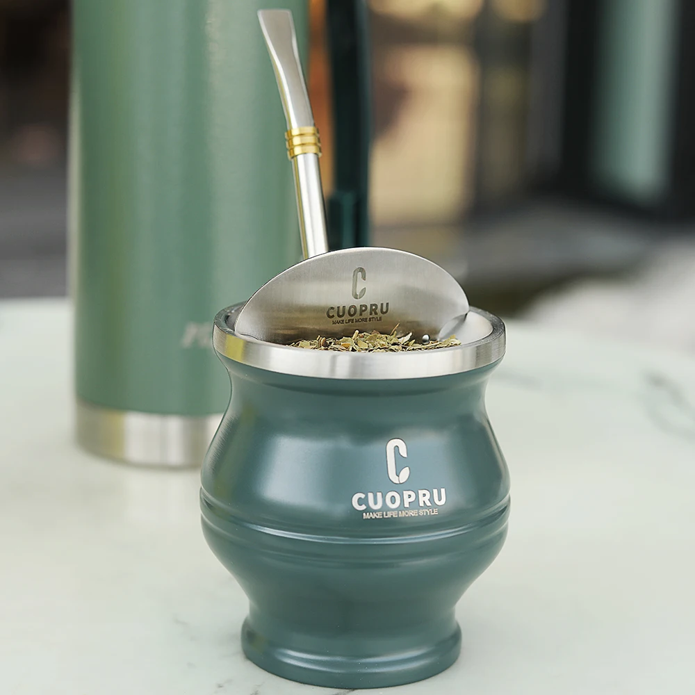 Yerba Mate Gourd Set Includes Double Walled Stainless Steel Tea Cup One Bombilla Mate (Straw), Cleaning Bruch, Tea Separator