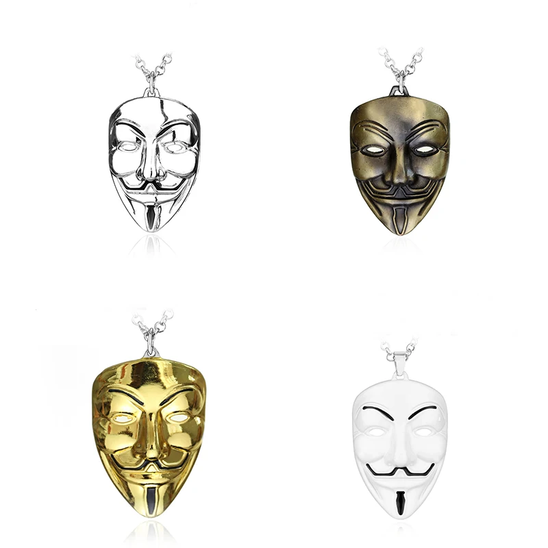 Moive Jewelry V For Vendetta Anonymous Mask Hip Hop Pendant Hacker Mask Zinc Alloy Necklace Fashion Llavero 4 Colors