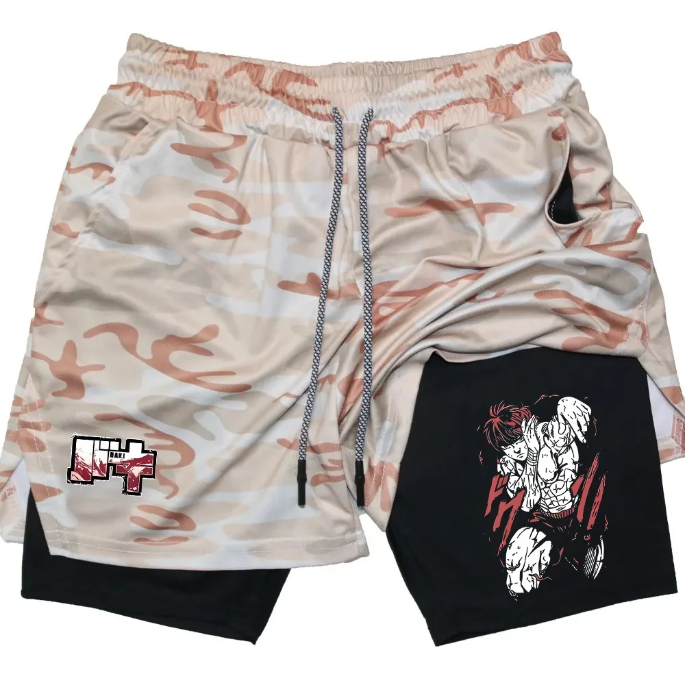 

Мужские двухслойные шорты с камуфляжным принтом, четвертьбрюки для тренировок в тренажерном зале, быстросохнущие дышащие спортивные штаны для фитнеса, M-3XL