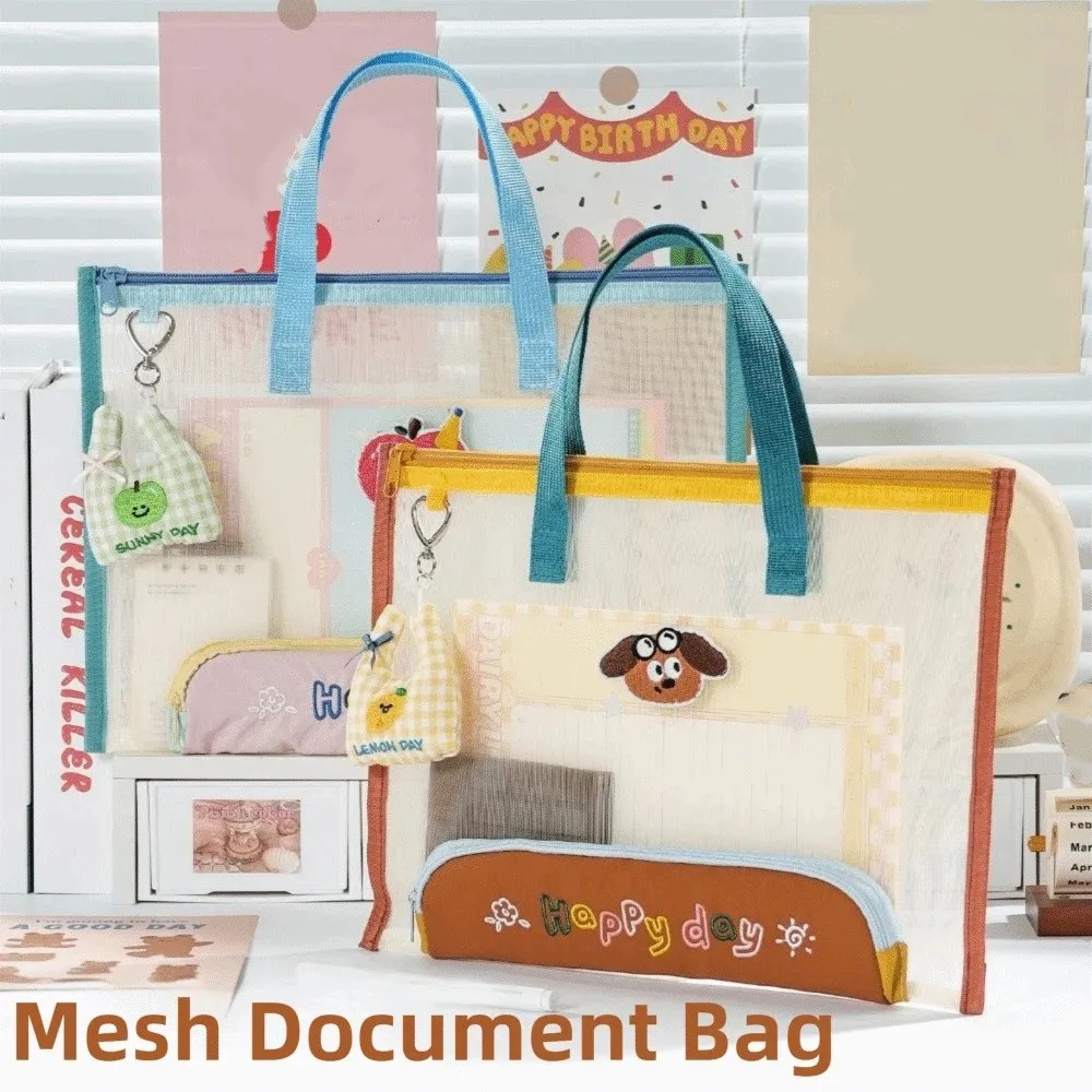 2-in-1 Mesh Document Storage Bag Clear Visible Large Capacity Mesh File Bag Portable with Handle Zipper Pouch Bag