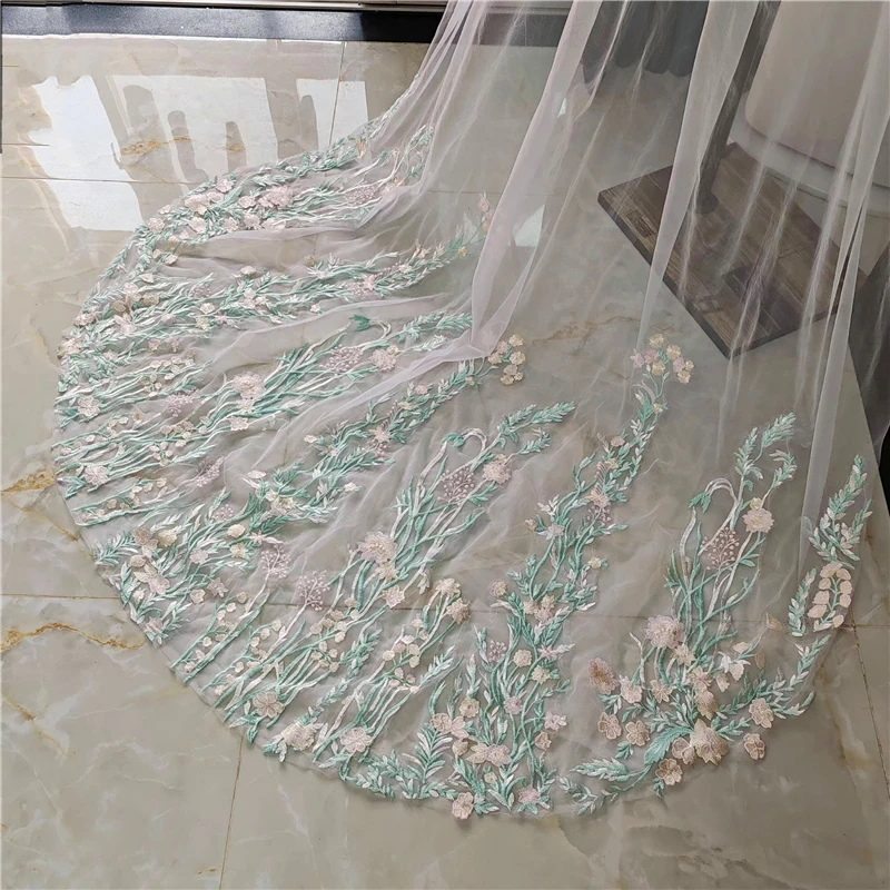 

Pink Flowers Green Leaves Floral Wedding Veils With Comb Cathedral Long Accessories White Ivory Tulle For Brides Unique Outdoor