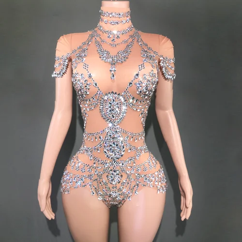 Body brillante con diamantes de imitación para mujer, traje de baile transparente de malla Sexy, ropa de escenario para espectáculo de bailarina y cantante