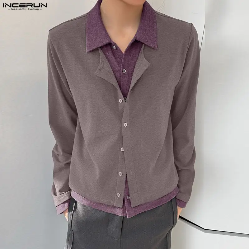 

INCERUN Men Shirt Patchwork Lapel Long Sleeve Button Casual Men Clothing Loose Color-block Streetwear 2026 Fashion Male Tops