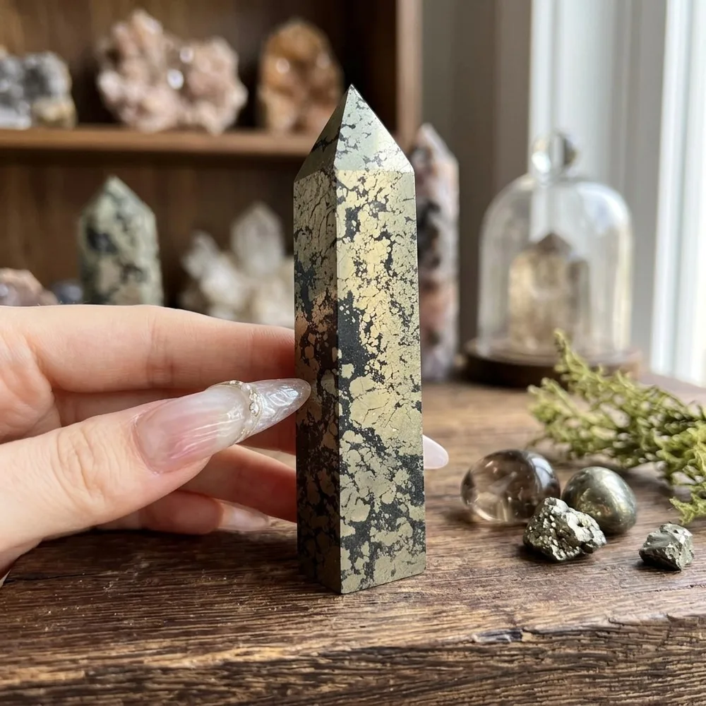 Polished Pyrite Crystal Tower Wand Natural Stone Reiki Healing Gemstone for Witchcraft Energy Rituals, Folk Craft Gift