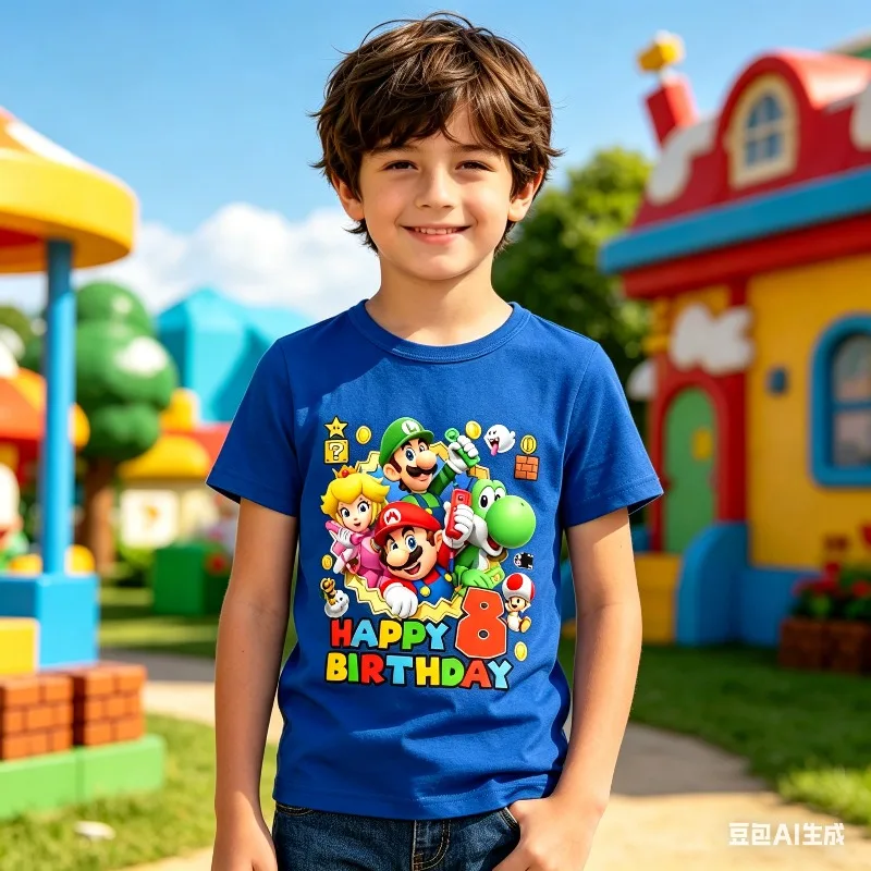 T-shirt d'anniversaire pour enfants Super Marios, vêtements de fête, imprimé de figurines de dessins animés, t-shirt bleu à manches courtes pour garçons, cadeau