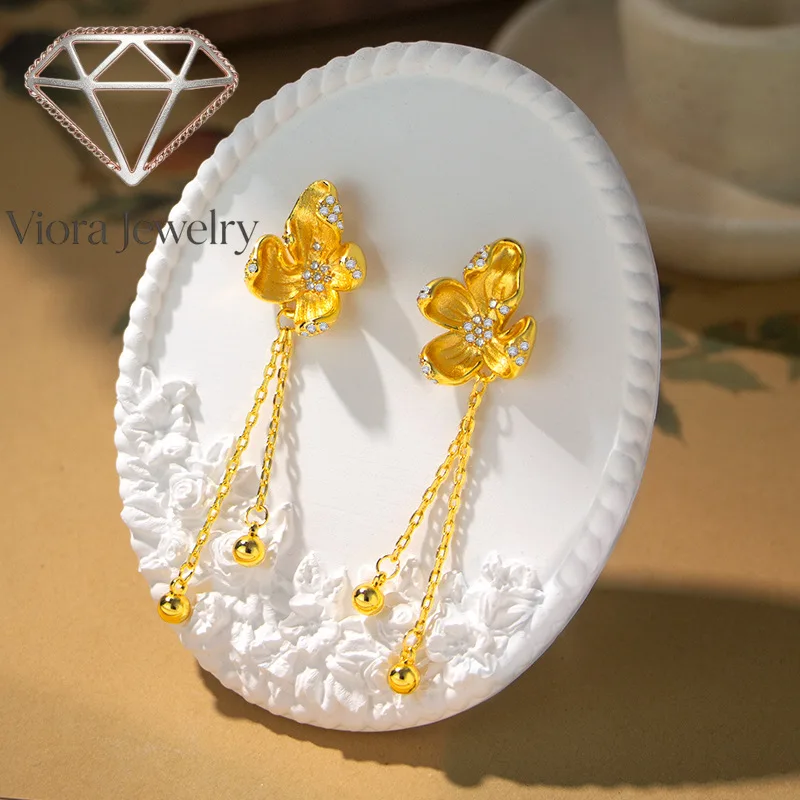 Viora Jewelry New Chinese style 24K real gold earrings, retro flowers, 9999 beaded tassel earrings, versatile simple jewelry for