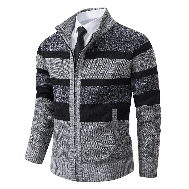 Autumn and winter men\'s cardigan jacket with plush and thick striped sweater for men\'s outerwear