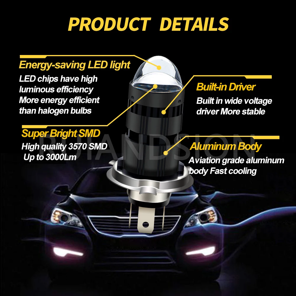 1Pcs H4 LED Motorcycle Headlight Bulb 35W Hi/Lo Beam White 9-80V Voltage for ATV UTV Scooter Motorbike Headlamp with Cooling Fan