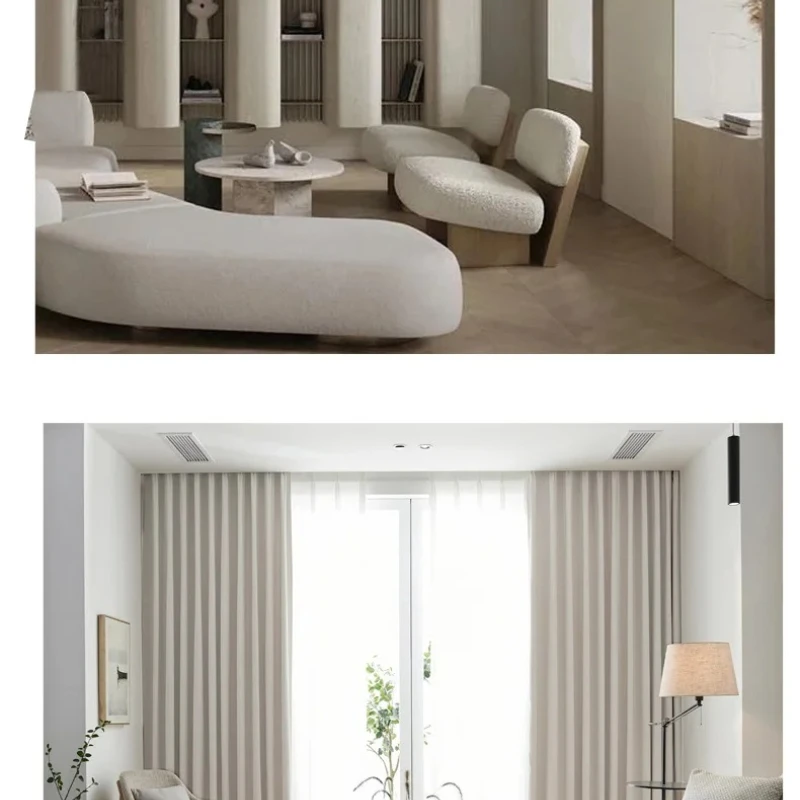 New thickened French light luxury cream curtain cloth solid color bedroom living room full blackout sunscreen cotton linen