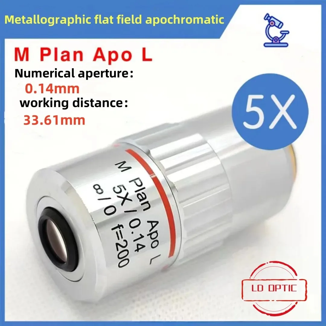 5X Metallographic flat-field apochromatic ultra-long working distance objective lens. APO infinity microscope objective lens.