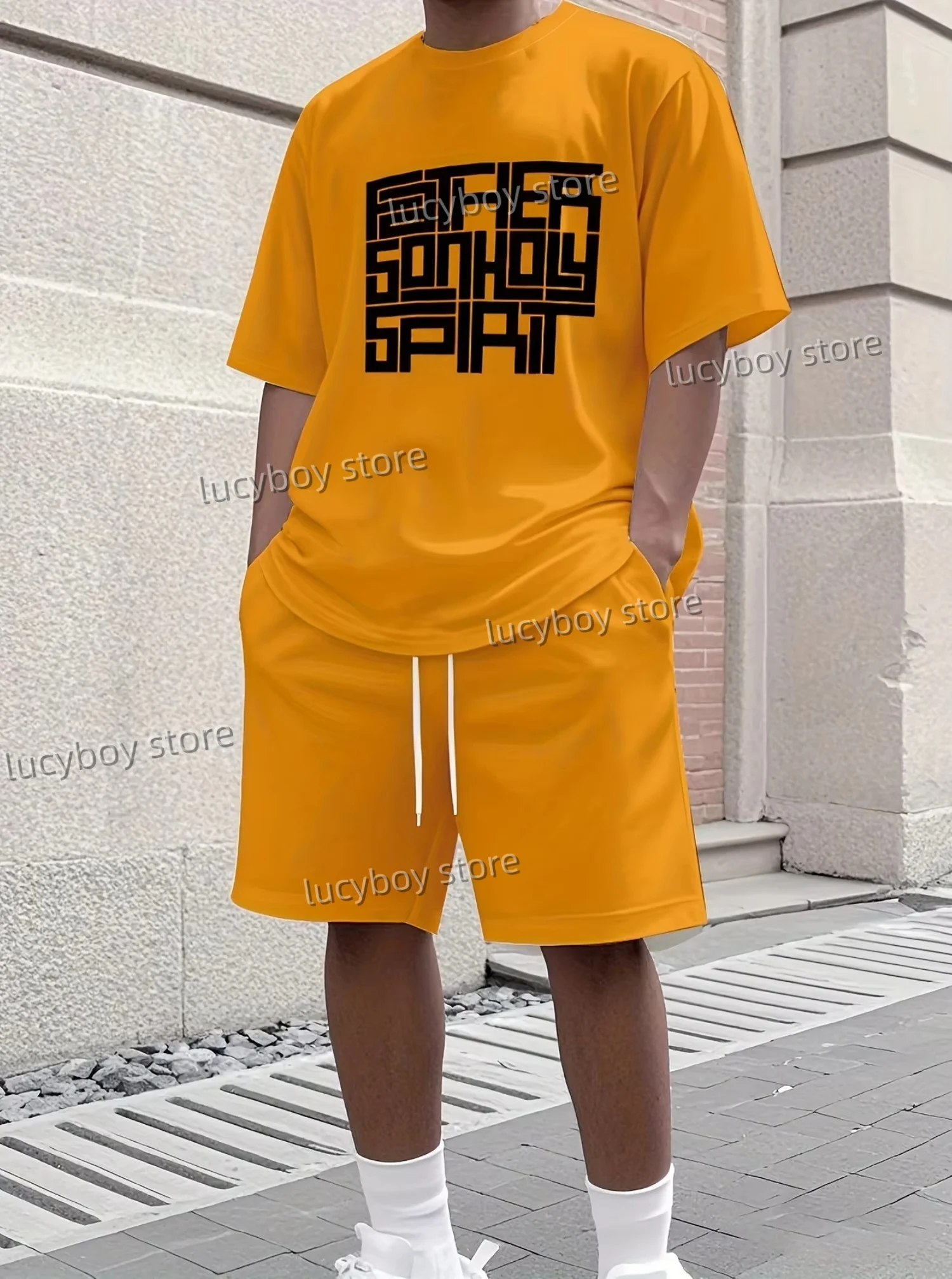 

2025 Summer men's lightweight orange lines print tracksuit two-piece set 5 colors sports basketball T-shirt shorts set