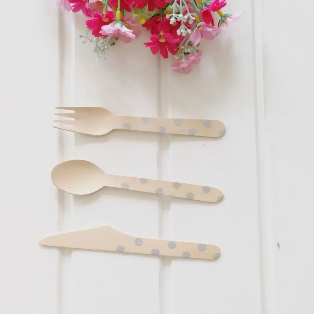 24Pcs Disposable Tableware Sets Dot Pink Blue Black Knives Forks Spoons Set Wood Baby Shower Baptism Birthday Party Supplies11CM