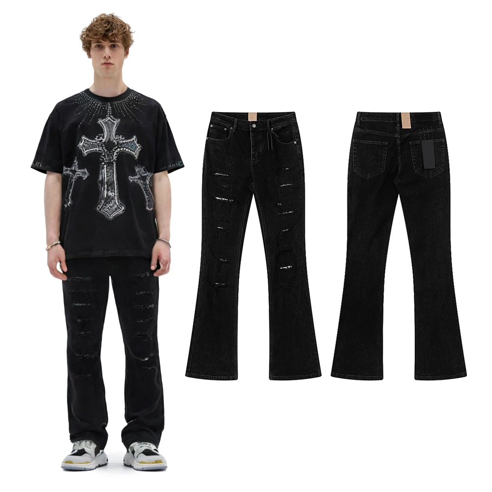 

Y2k Streetwear Baggy Flared Jeans Hip Hop Street Style Cotton Retro Distressed Ripped Hole Causal Clothing Flare Pants for Men's