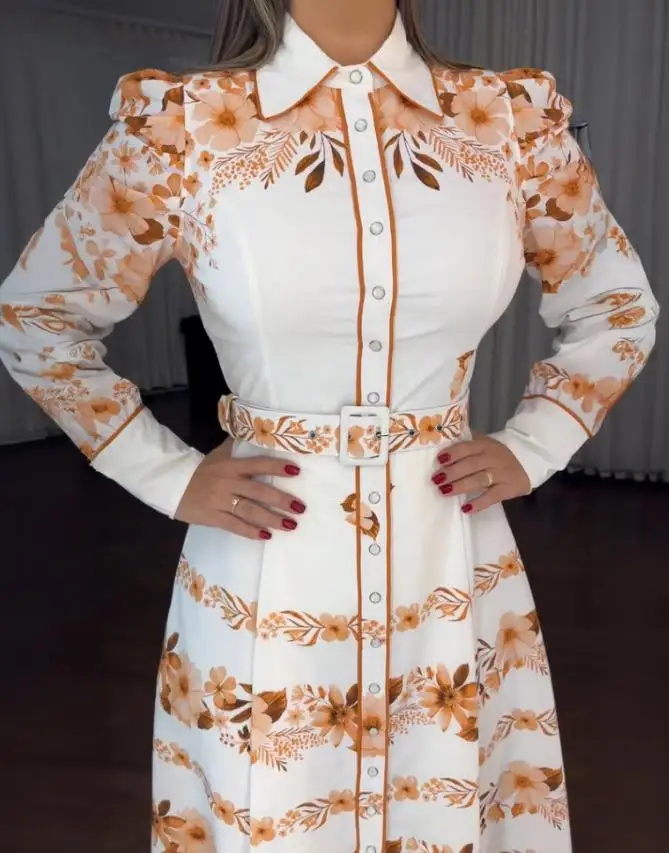 レディースワンピース　新作　花柄プリント　ターン ダウンカラー　パフスリーブ　バケーションワンピース　カジュアル　ボタンダウンシャツワンピース　ベルトと裏地付き