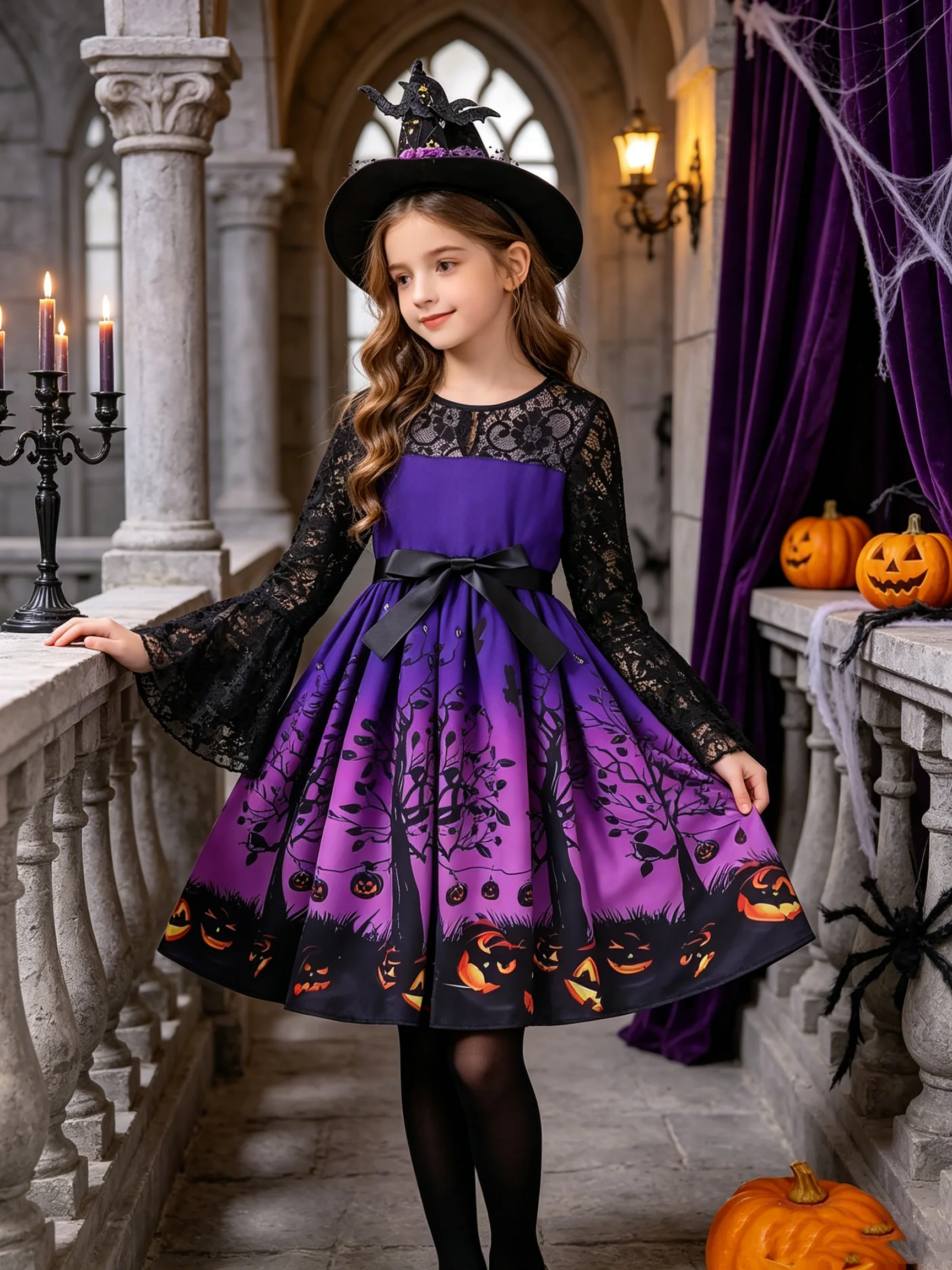 Children's Halloween Pumpkin Tree Print Dress with Mesh Trumpet Sleeves Waist Cinching Straps Mid-Length Skirt round Neck Design
