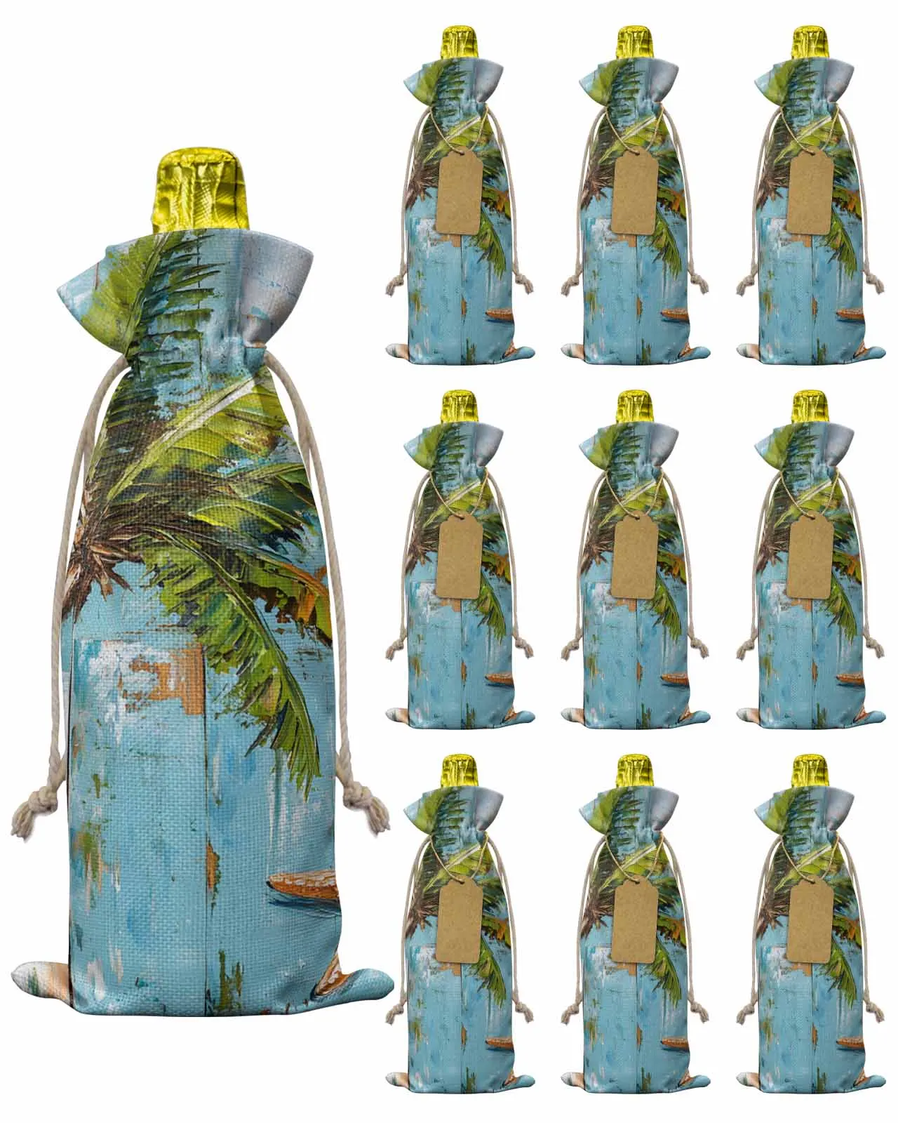 

10pcs Wine Bottle Covers Vintage Wood Grain Coconut Tree Wine Holder Carrier Packaging Bag Wedding Party Decor Gift