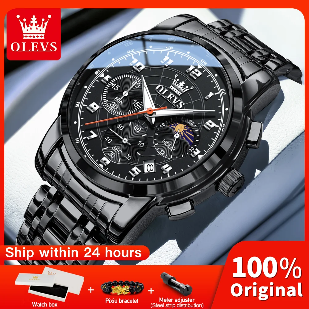 OLEVS 2983 Men Original Quartz Movement Watch Multi-functional Dial Chronography Night Light Function 30m Waterproof Watch