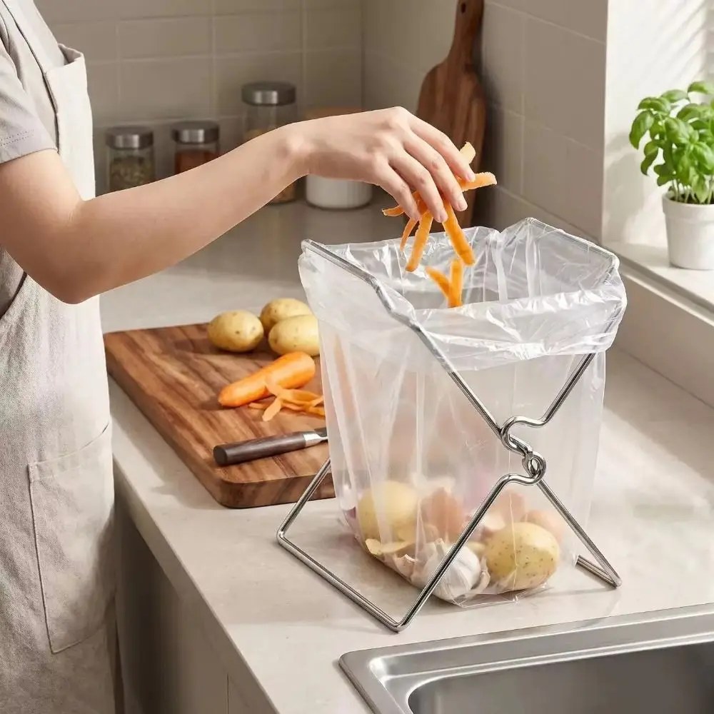 Stainless Steel Trash Bag Holder Freestanding Reusable Kitchen Waste Rack Space Saving Open Frame Garbage Bag Stand
