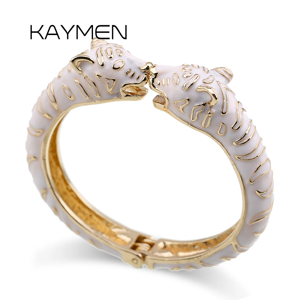 KAYMEN New Animal Leopard Head Cuff Bangle for Girls Women Gold-plating Ename Statement Bangle Fashion Bracelet 4 Colors 3316