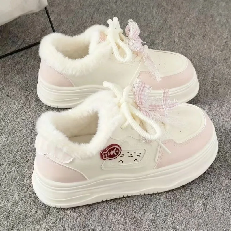 Lolita Girl's Plush White Shoes Cute Casual Sports Sneakers 2025 New Style Student Campus Cotton Sneakers